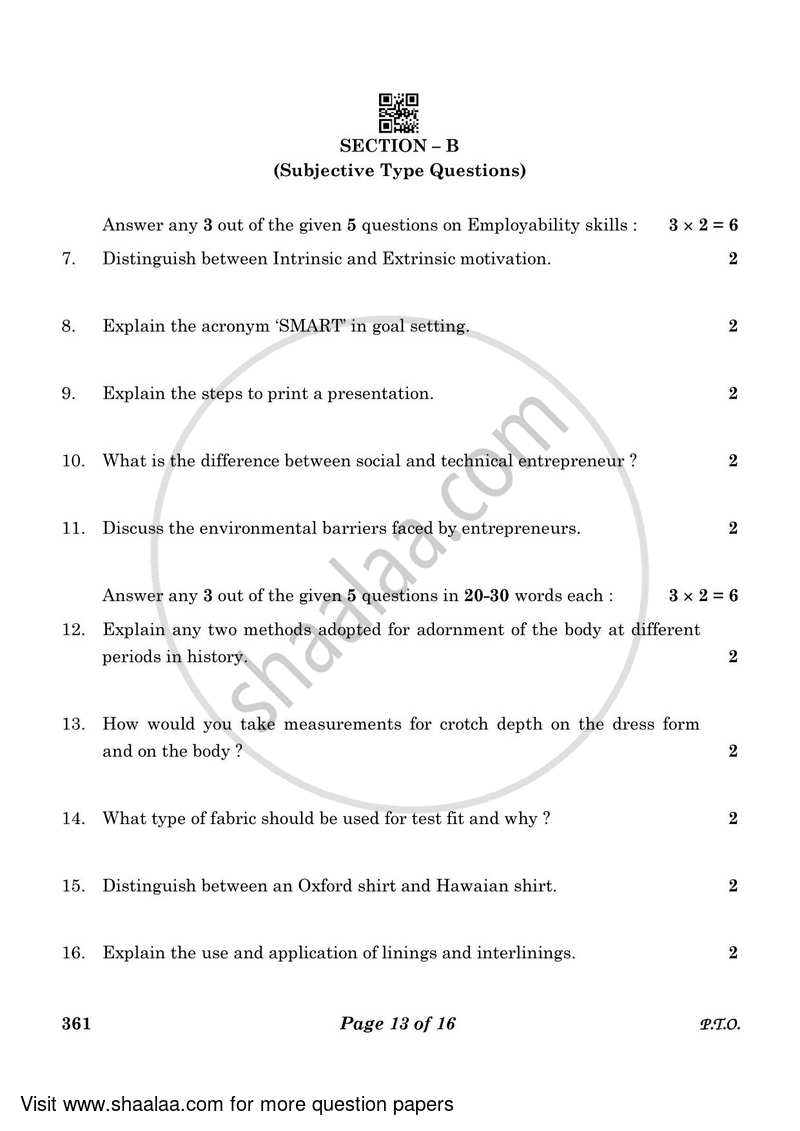 Fashion Studies 2022-2023 - CBSE 12th - Class 12 - CBSE (Central Board of Secondary Education) question paper with PDF download