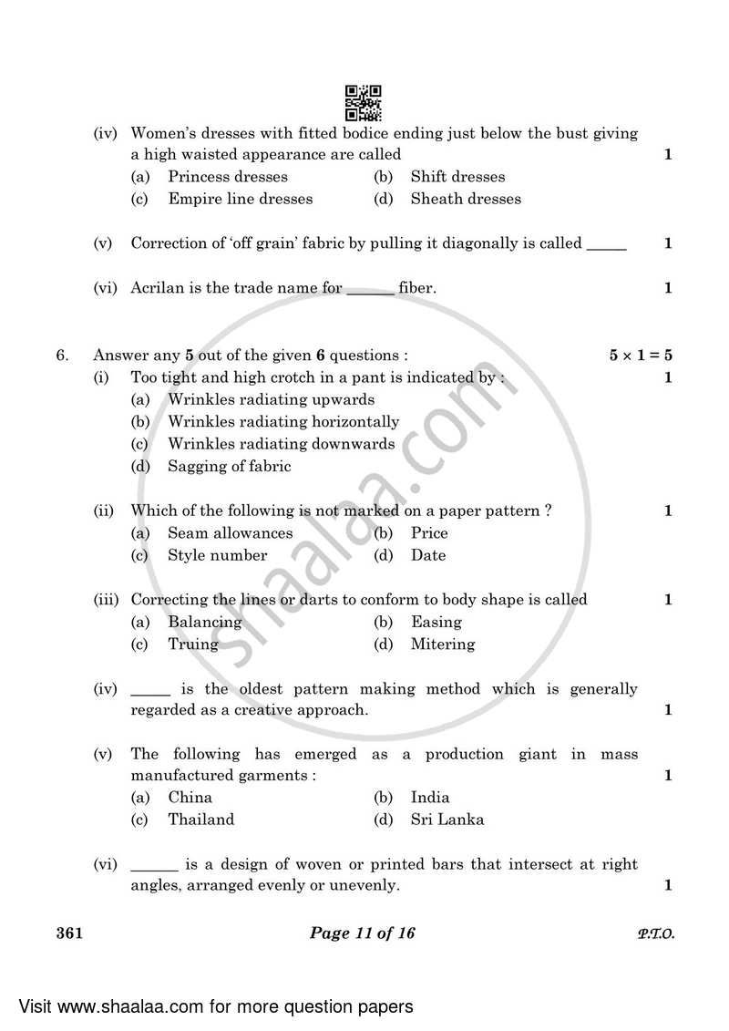 Fashion Studies 2022-2023 - CBSE 12th - Class 12 - CBSE (Central Board of Secondary Education) question paper with PDF download