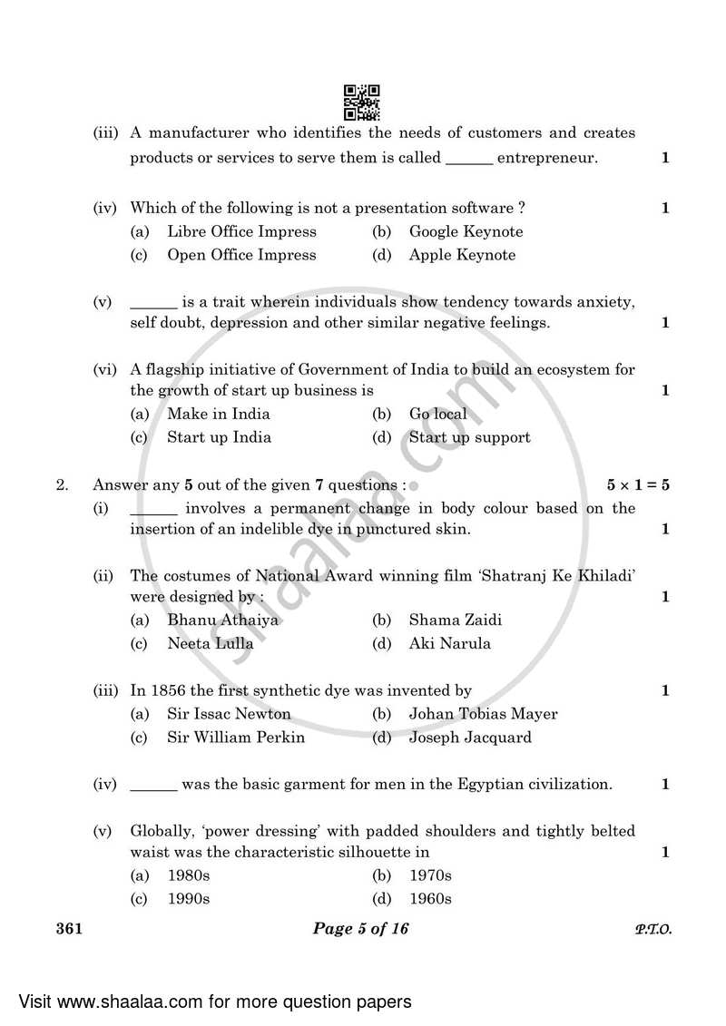 Fashion Studies 2022-2023 - CBSE 12th - Class 12 - CBSE (Central Board of Secondary Education) question paper with PDF download