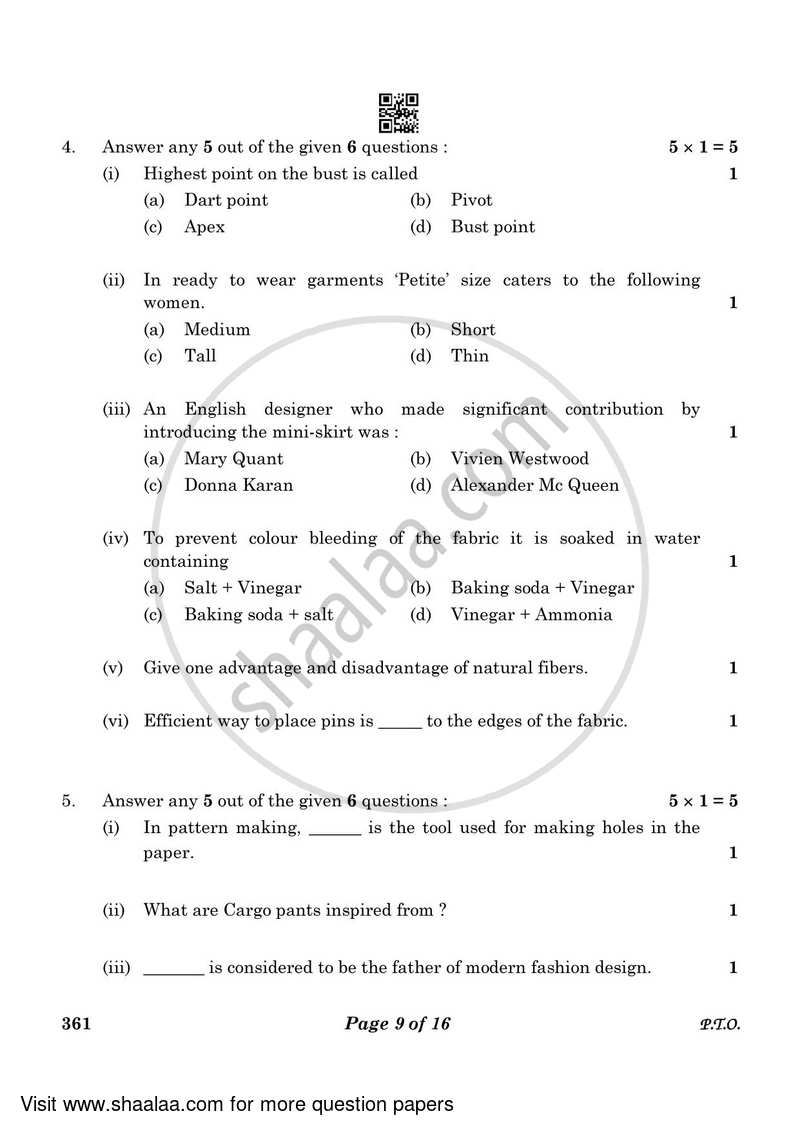 Fashion Studies 2022-2023 - CBSE 12th - Class 12 - CBSE (Central Board of Secondary Education) question paper with PDF download