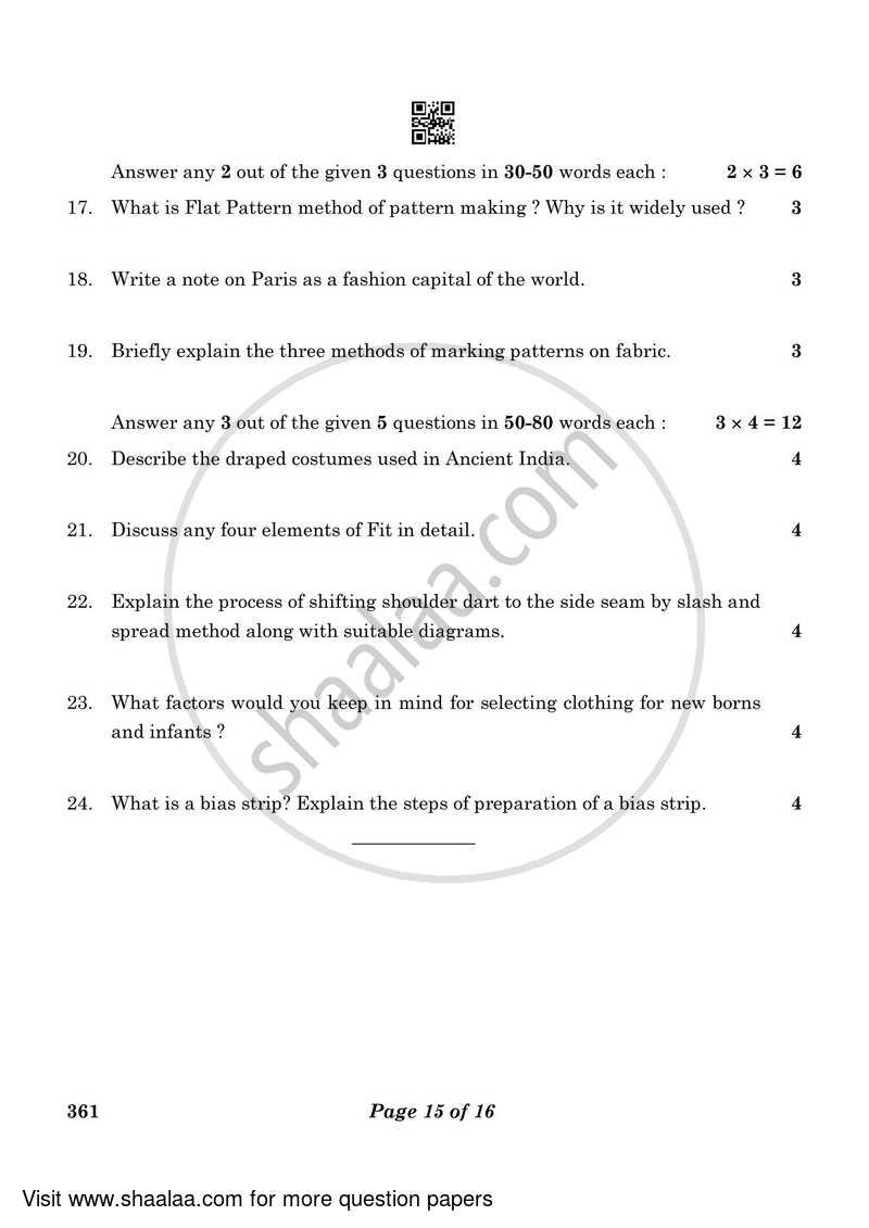 Fashion Studies 2022-2023 - CBSE 12th - Class 12 - CBSE (Central Board of Secondary Education) question paper with PDF download
