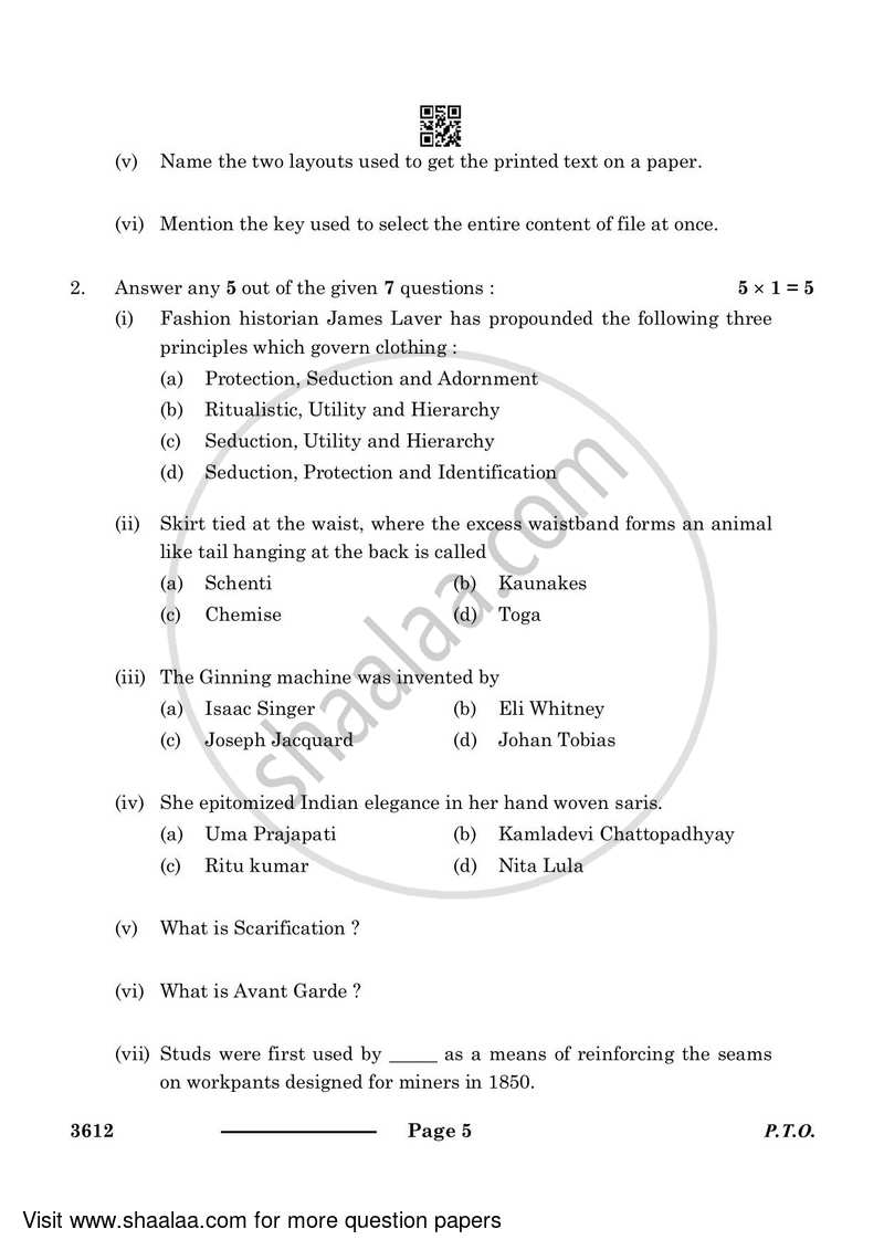 Fashion Studies 2023-2024 - CBSE 12th - Class 12 - CBSE (Central Board of Secondary Education) question paper with PDF download
