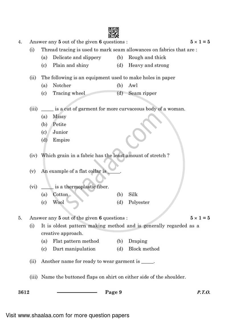 Fashion Studies 2023-2024 - CBSE 12th - Class 12 - CBSE (Central Board of Secondary Education) question paper with PDF download