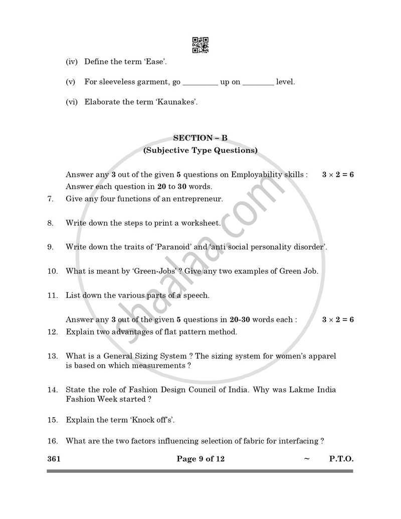 Fashion Studies 2024-2025 - CBSE 12th - Class 12 - CBSE (Central Board of Secondary Education) question paper with PDF download