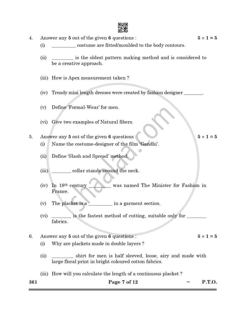 Fashion Studies 2024-2025 - CBSE 12th - Class 12 - CBSE (Central Board of Secondary Education) question paper with PDF download