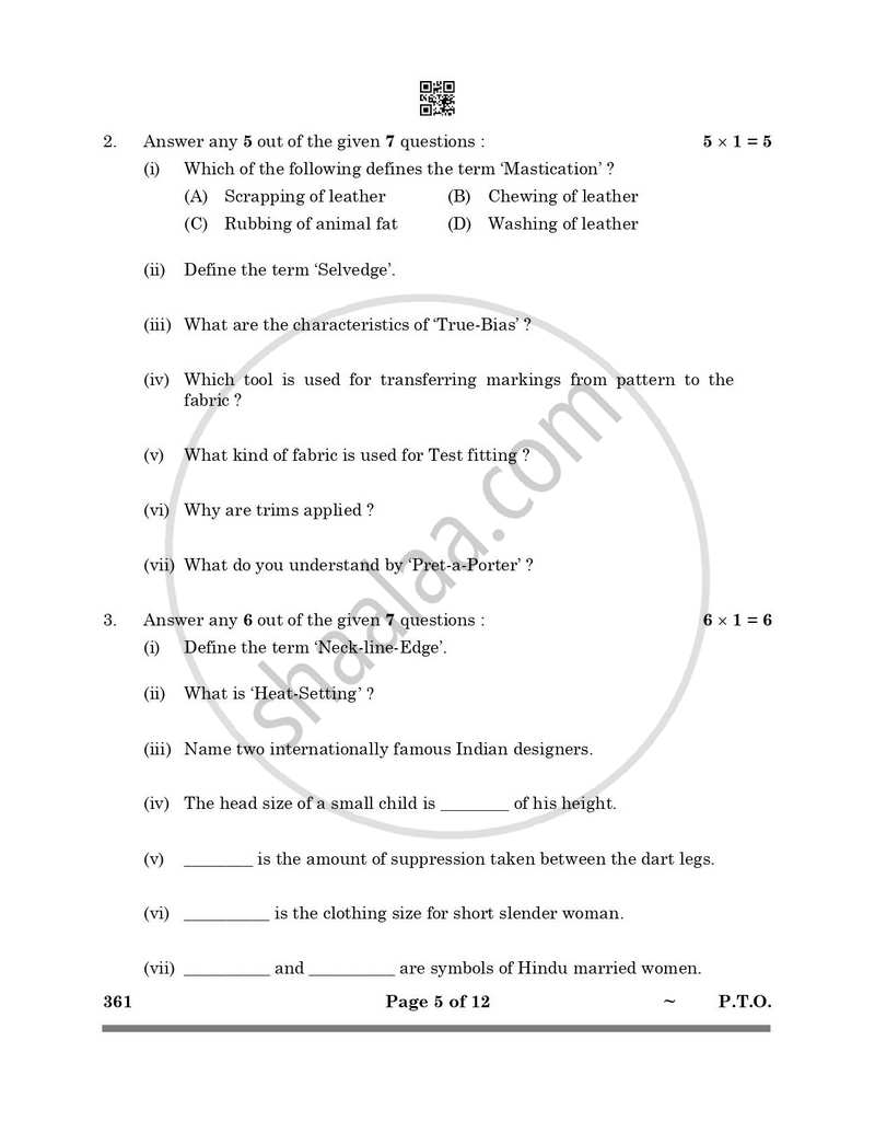 Fashion Studies 2024-2025 - CBSE 12th - Class 12 - CBSE (Central Board of Secondary Education) question paper with PDF download