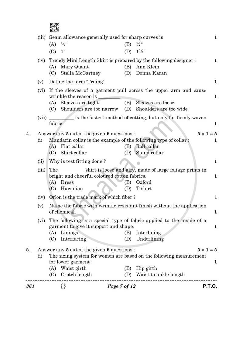 Fashion Studies 2025-2026 - CBSE 12th - Class 12 - CBSE (Central Board of Secondary Education) question paper with PDF download
