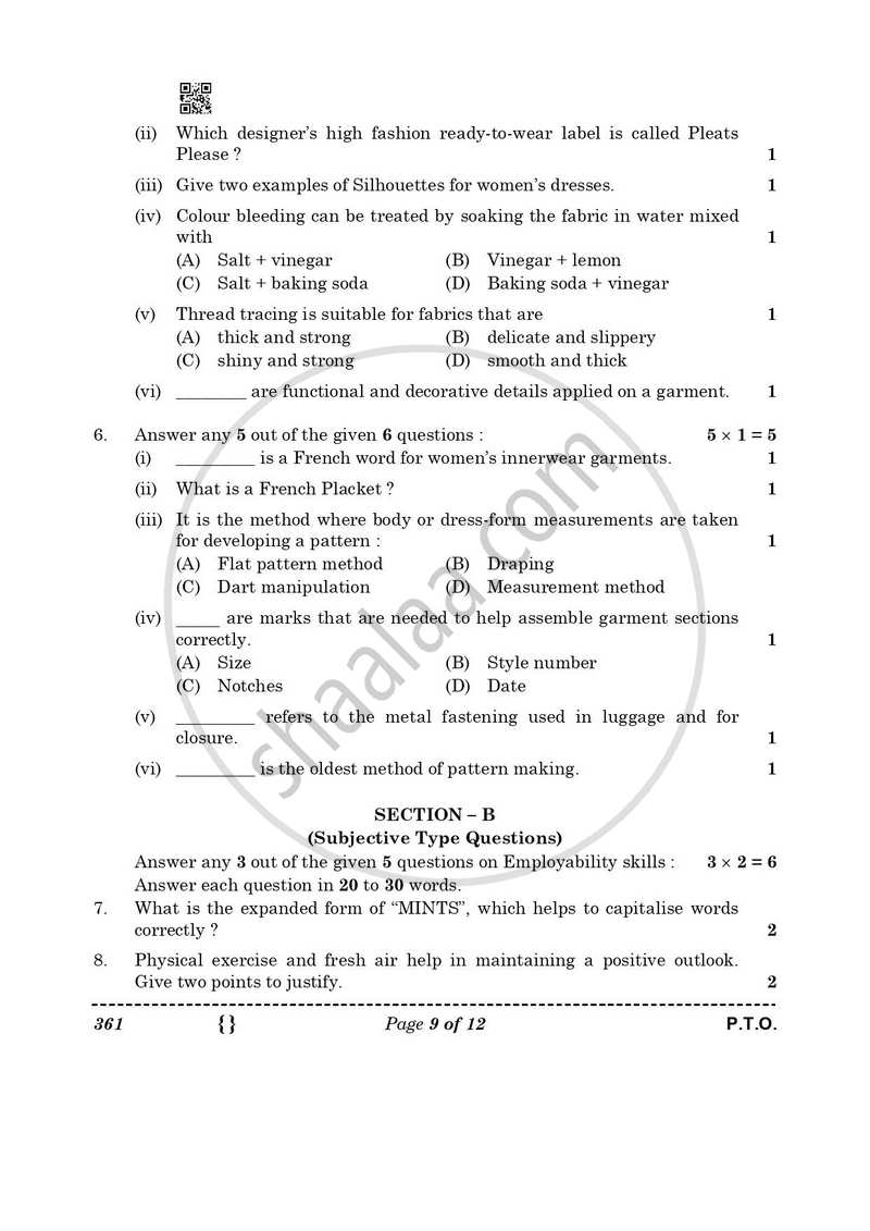 Fashion Studies 2025-2026 - CBSE 12th - Class 12 - CBSE (Central Board of Secondary Education) question paper with PDF download