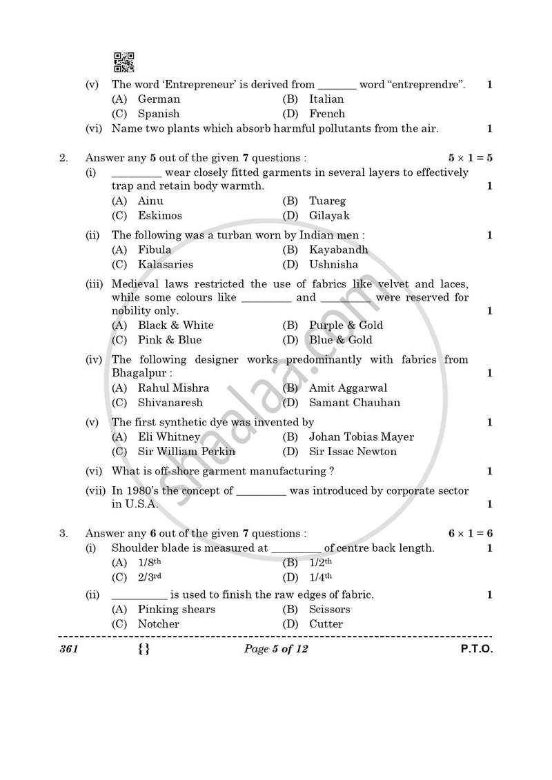 Fashion Studies 2025-2026 - CBSE 12th - Class 12 - CBSE (Central Board of Secondary Education) question paper with PDF download