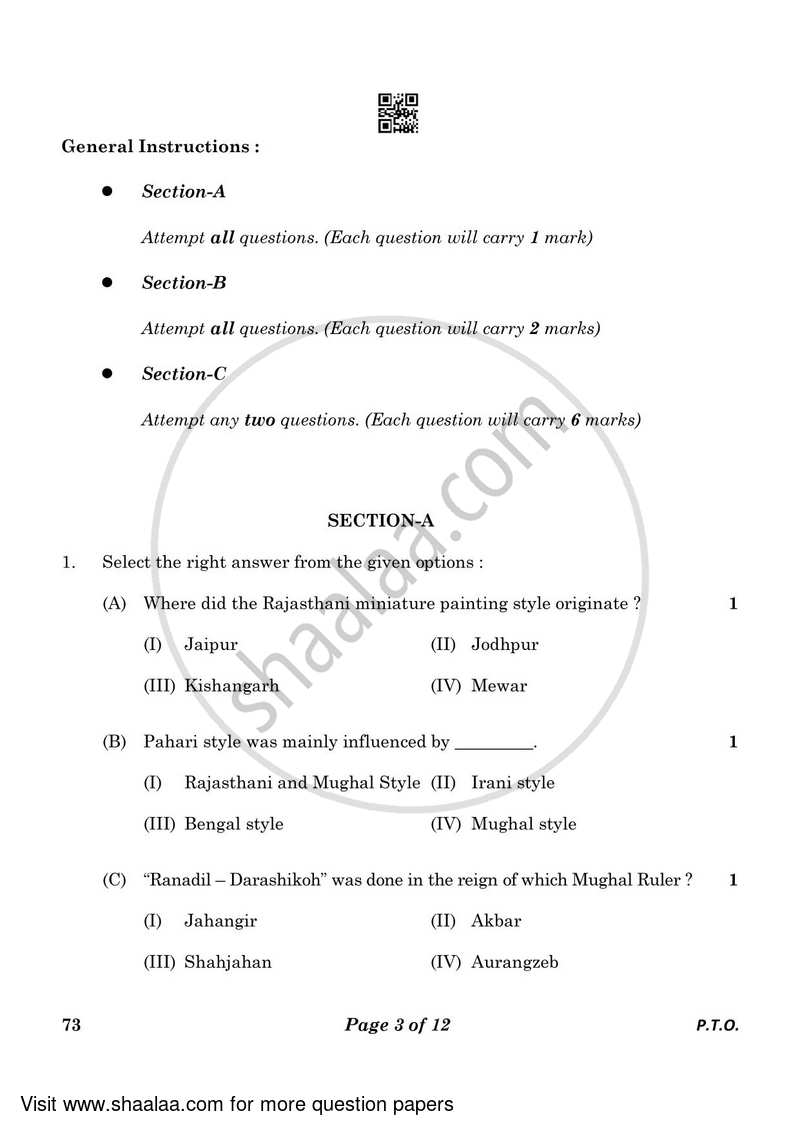 Fine Arts (Sculpture) 2022-2023 - CBSE 12th - Class 12 - CBSE (Central Board of Secondary Education) question paper with PDF download