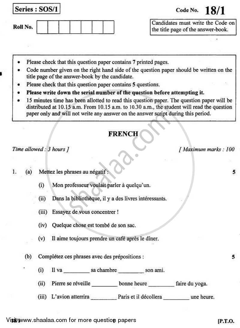 French 2010-2011 - CBSE 12th - Class 12 - CBSE (Central Board of Secondary Education) question paper with PDF download