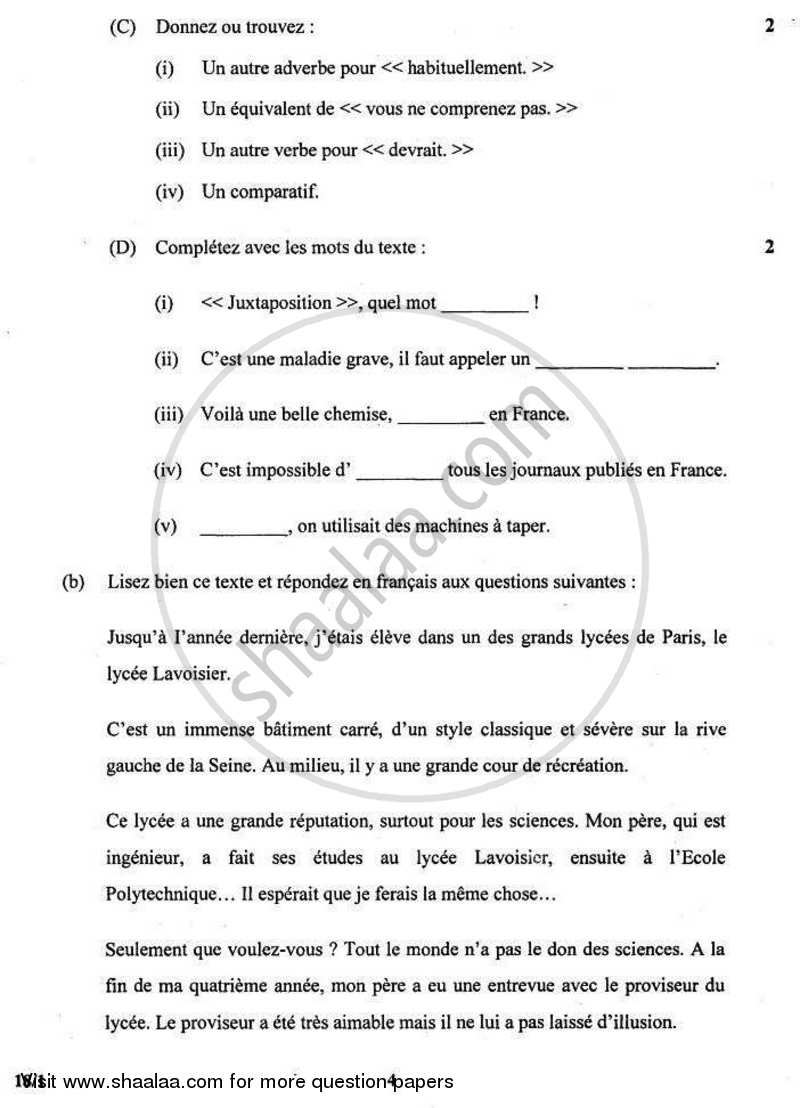 French 2010-2011 - CBSE 12th - Class 12 - CBSE (Central Board of Secondary Education) question paper with PDF download