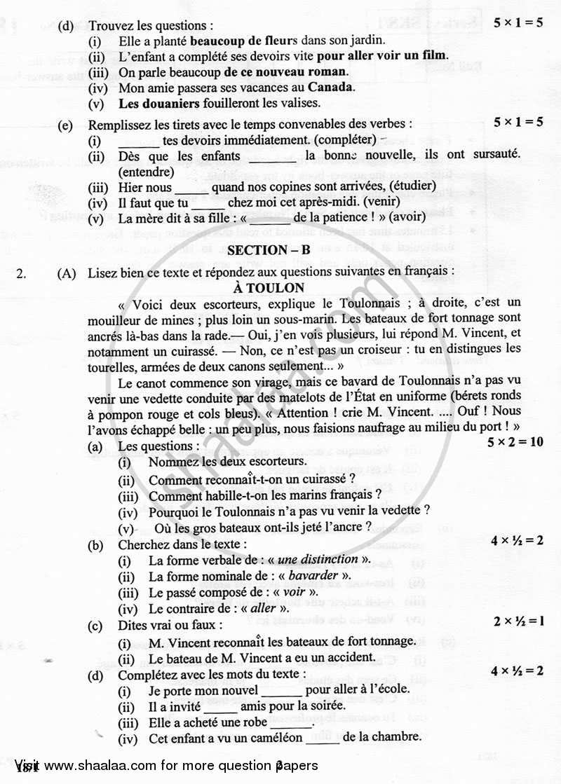 French 2012-2013 - CBSE 12th - Class 12 - CBSE (Central Board of Secondary Education) question paper with PDF download