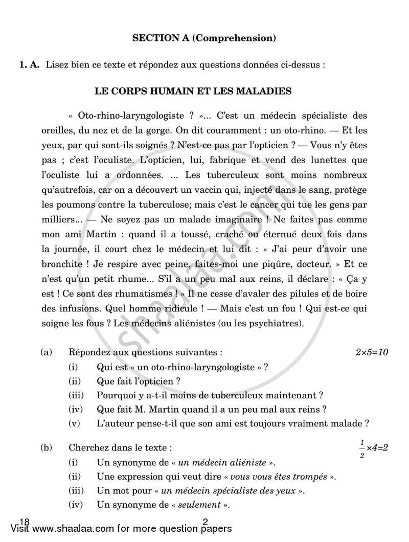 French 2017-2018 - CBSE 12th - Class 12 - CBSE (Central Board of Secondary Education) question paper with PDF download