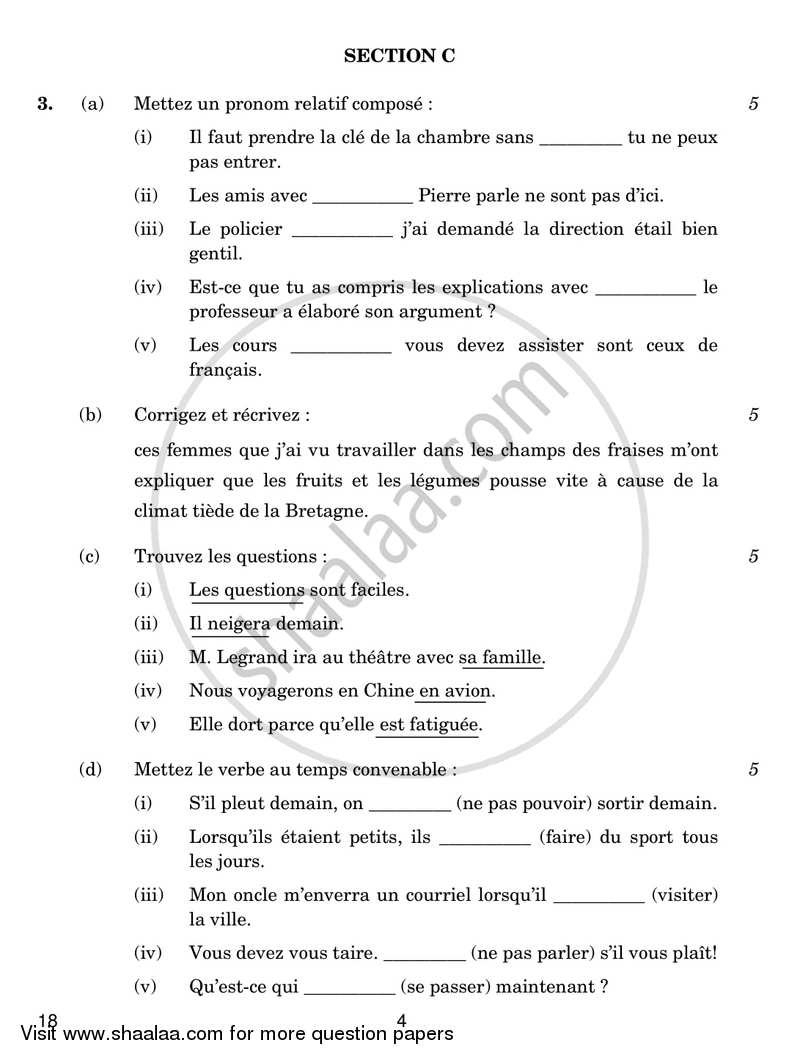 French 2018-2019 - CBSE 12th - Class 12 - CBSE (Central Board of Secondary Education) question paper with PDF download