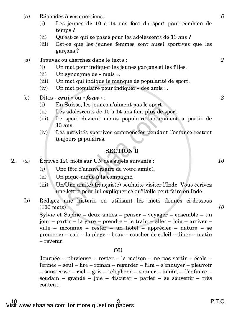 French 2018-2019 - CBSE 12th - Class 12 - CBSE (Central Board of Secondary Education) question paper with PDF download