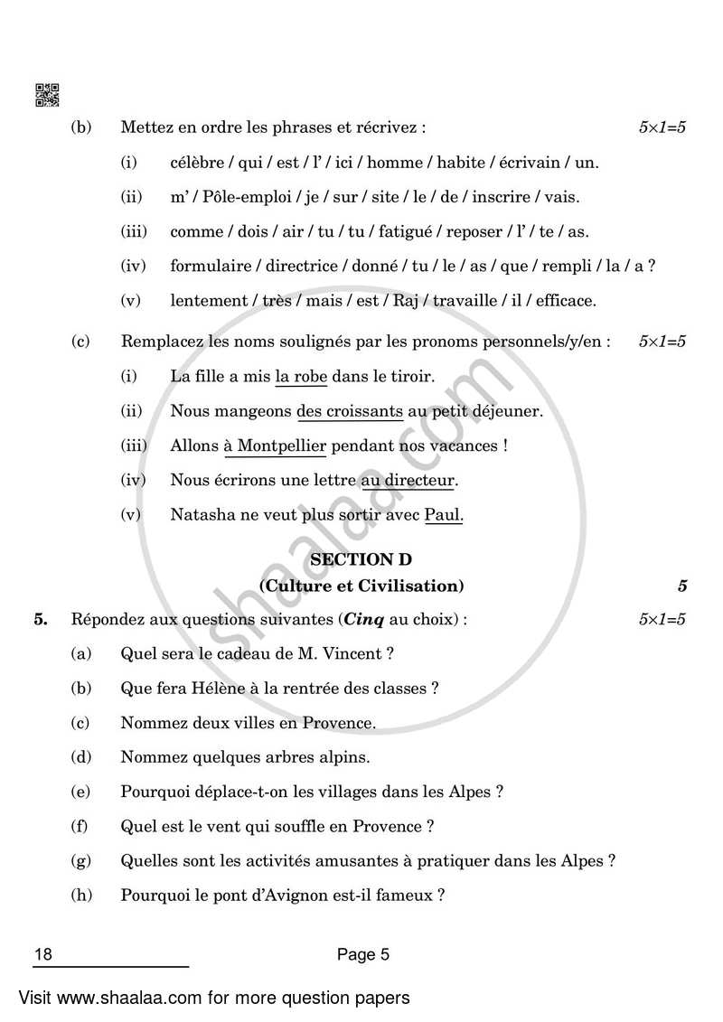 French 2021-2022 - CBSE 12th - Class 12 - CBSE (Central Board of Secondary Education) question paper with PDF download