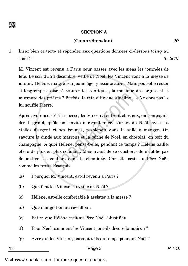 French 2021-2022 - CBSE 12th - Class 12 - CBSE (Central Board of Secondary Education) question paper with PDF download