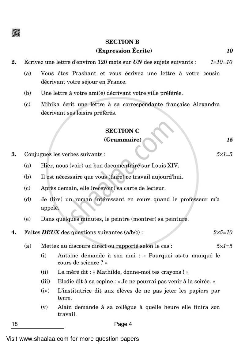 French 2021-2022 - CBSE 12th - Class 12 - CBSE (Central Board of Secondary Education) question paper with PDF download