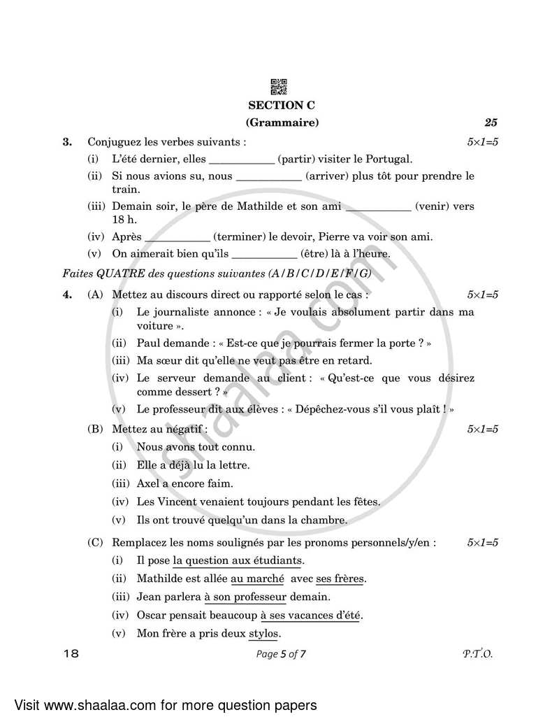 French 2022-2023 - CBSE 12th - Class 12 - CBSE (Central Board of Secondary Education) question paper with PDF download