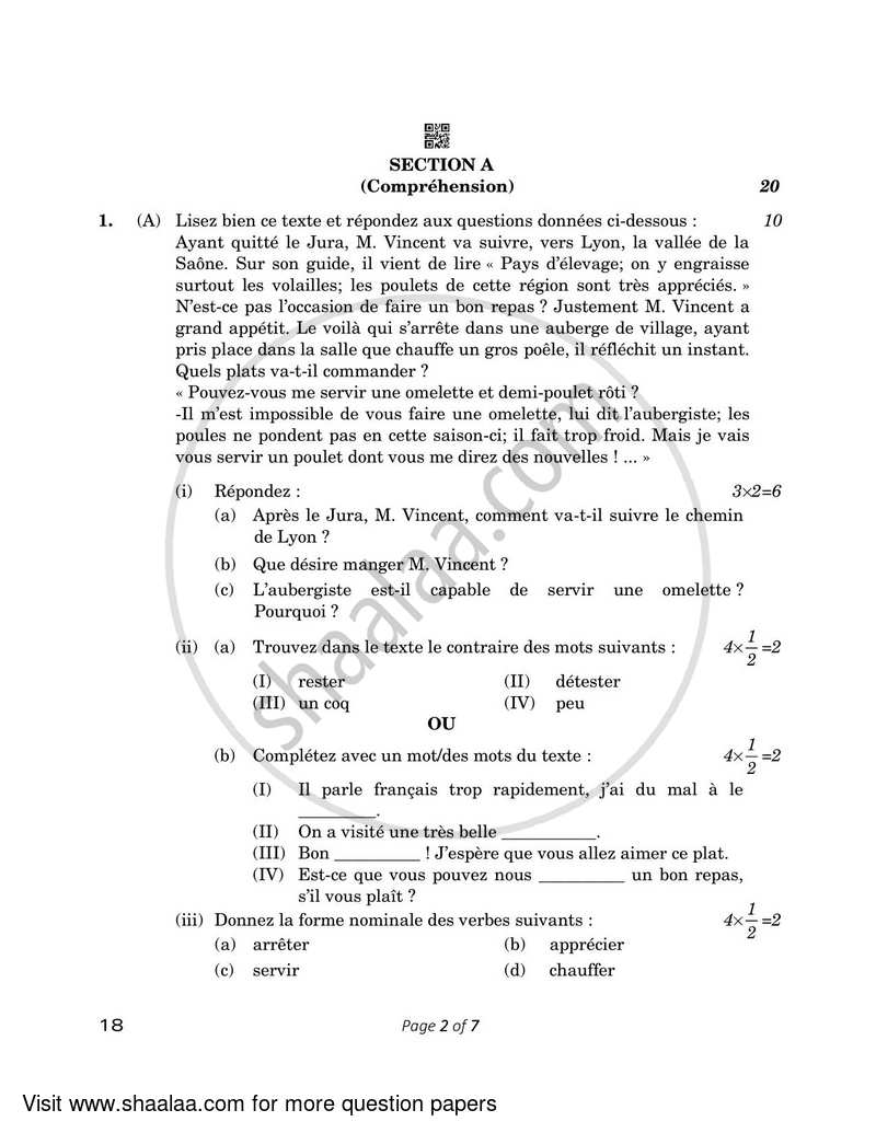 French 2022-2023 - CBSE 12th - Class 12 - CBSE (Central Board of Secondary Education) question paper with PDF download