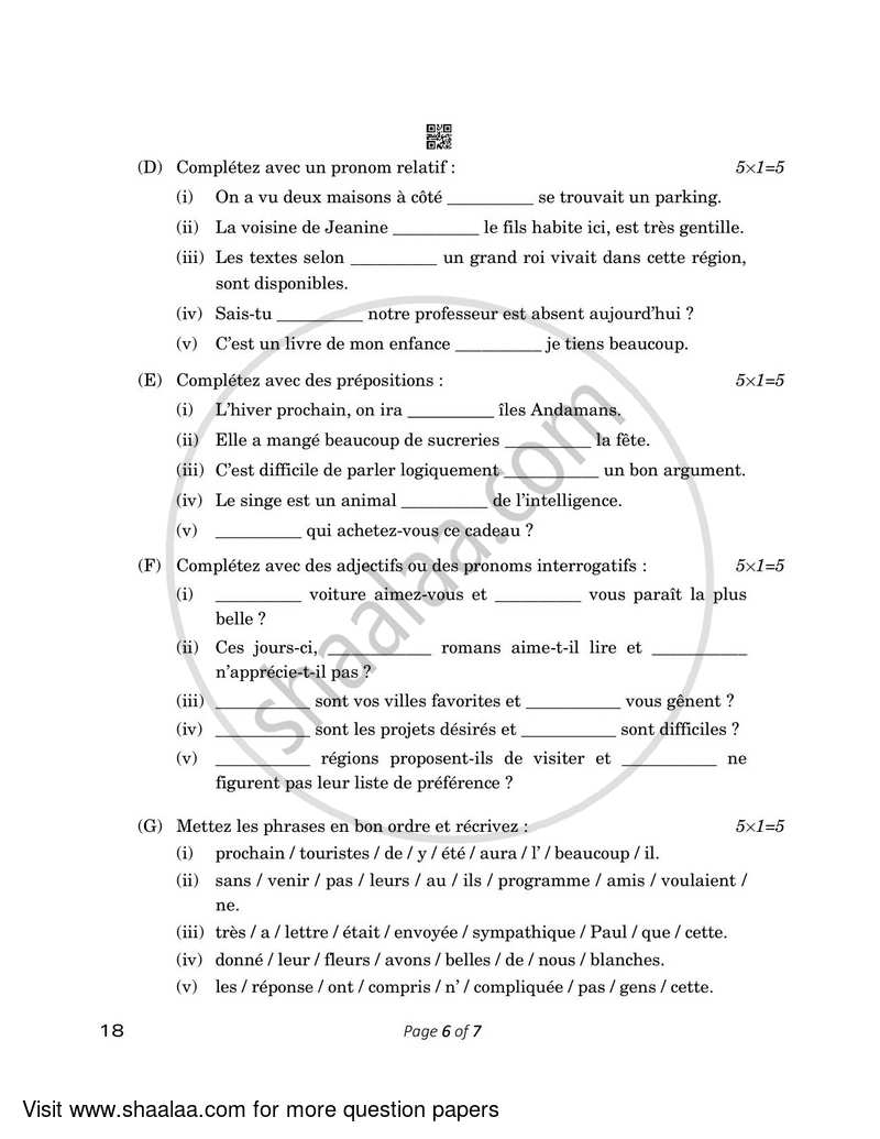 French 2022-2023 - CBSE 12th - Class 12 - CBSE (Central Board of Secondary Education) question paper with PDF download