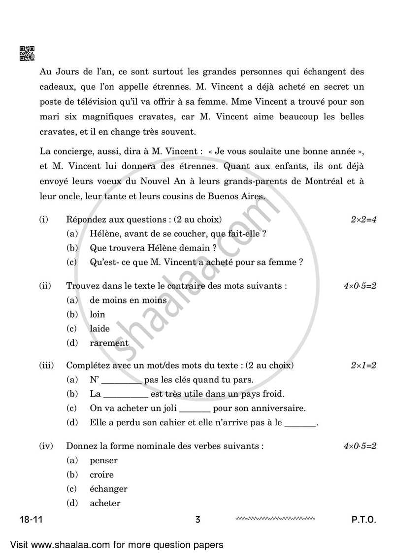 French 2023-2024 - CBSE 12th - Class 12 - CBSE (Central Board of Secondary Education) question paper with PDF download