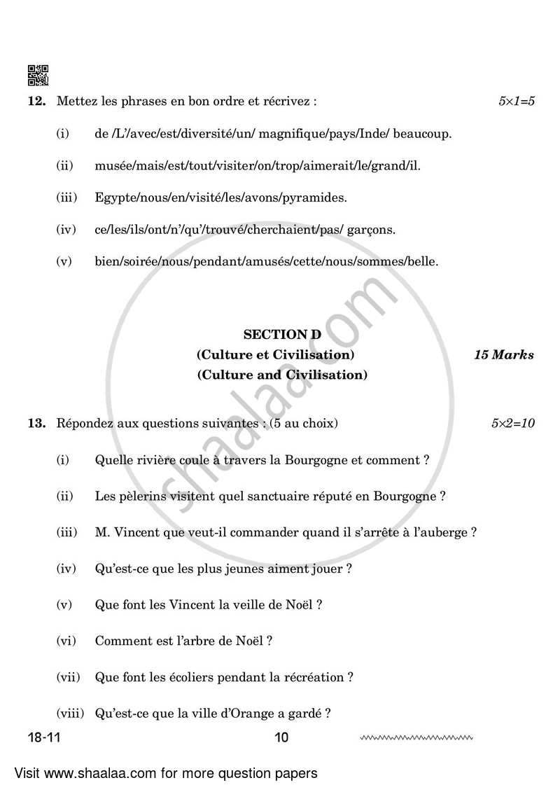 French 2023-2024 - CBSE 12th - Class 12 - CBSE (Central Board of Secondary Education) question paper with PDF download