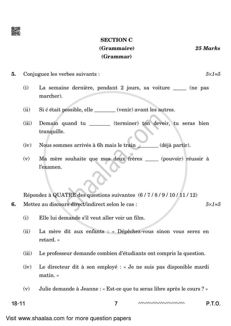 French 2023-2024 - CBSE 12th - Class 12 - CBSE (Central Board of Secondary Education) question paper with PDF download