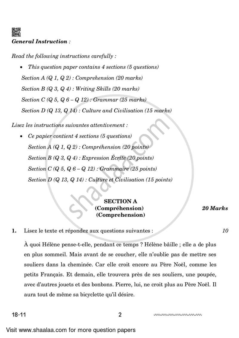 French 2023-2024 - CBSE 12th - Class 12 - CBSE (Central Board of Secondary Education) question paper with PDF download