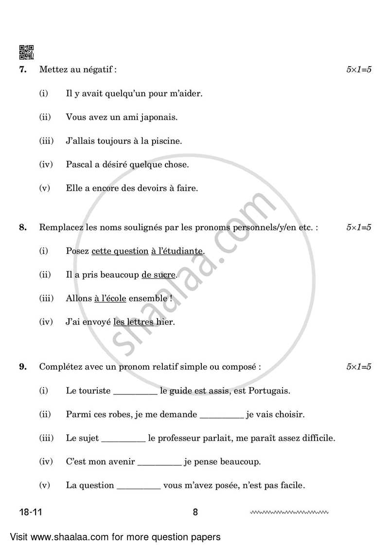 French 2023-2024 - CBSE 12th - Class 12 - CBSE (Central Board of Secondary Education) question paper with PDF download