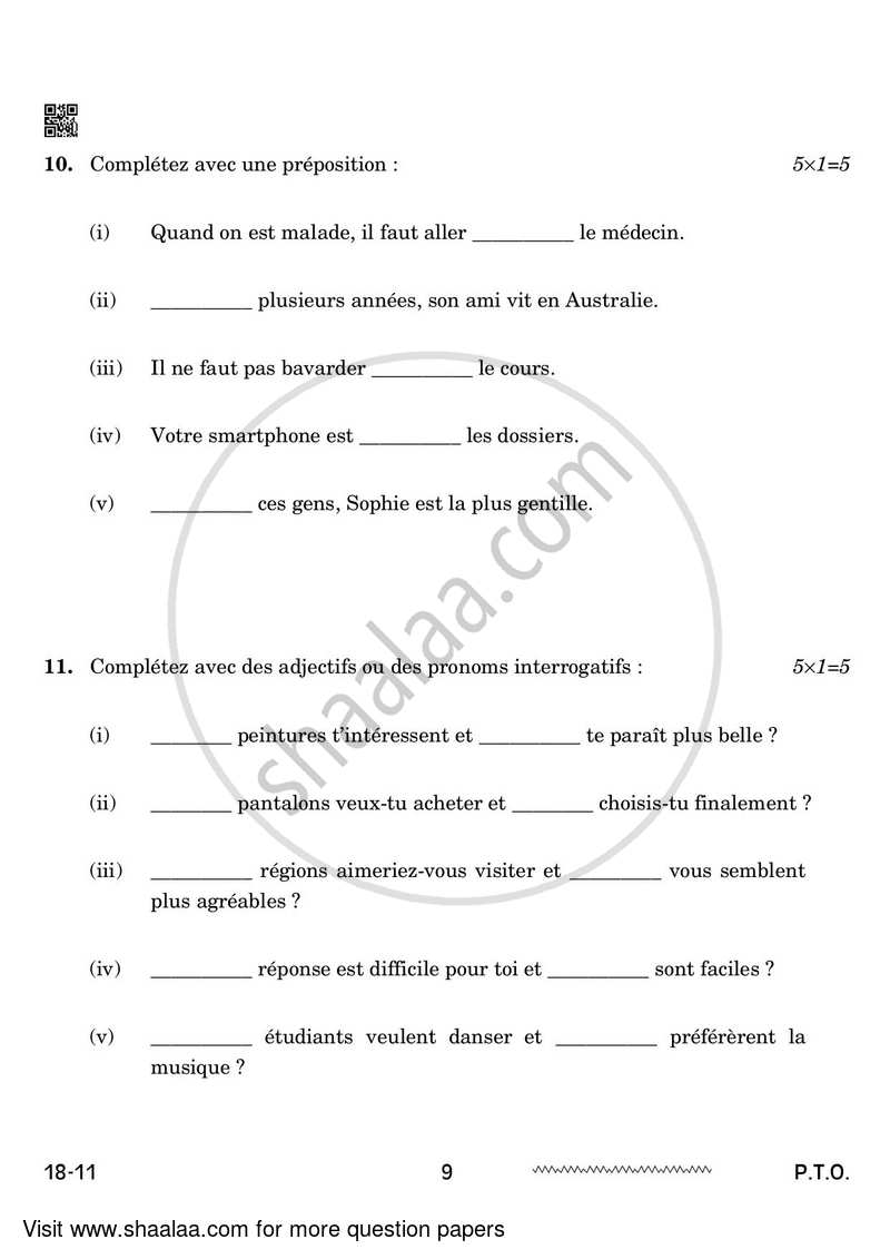 French 2023-2024 - CBSE 12th - Class 12 - CBSE (Central Board of Secondary Education) question paper with PDF download