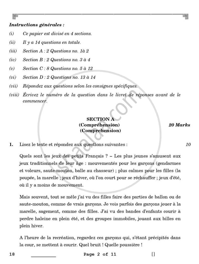 French 2025-2026 - CBSE 12th - Class 12 - CBSE (Central Board of Secondary Education) question paper with PDF download