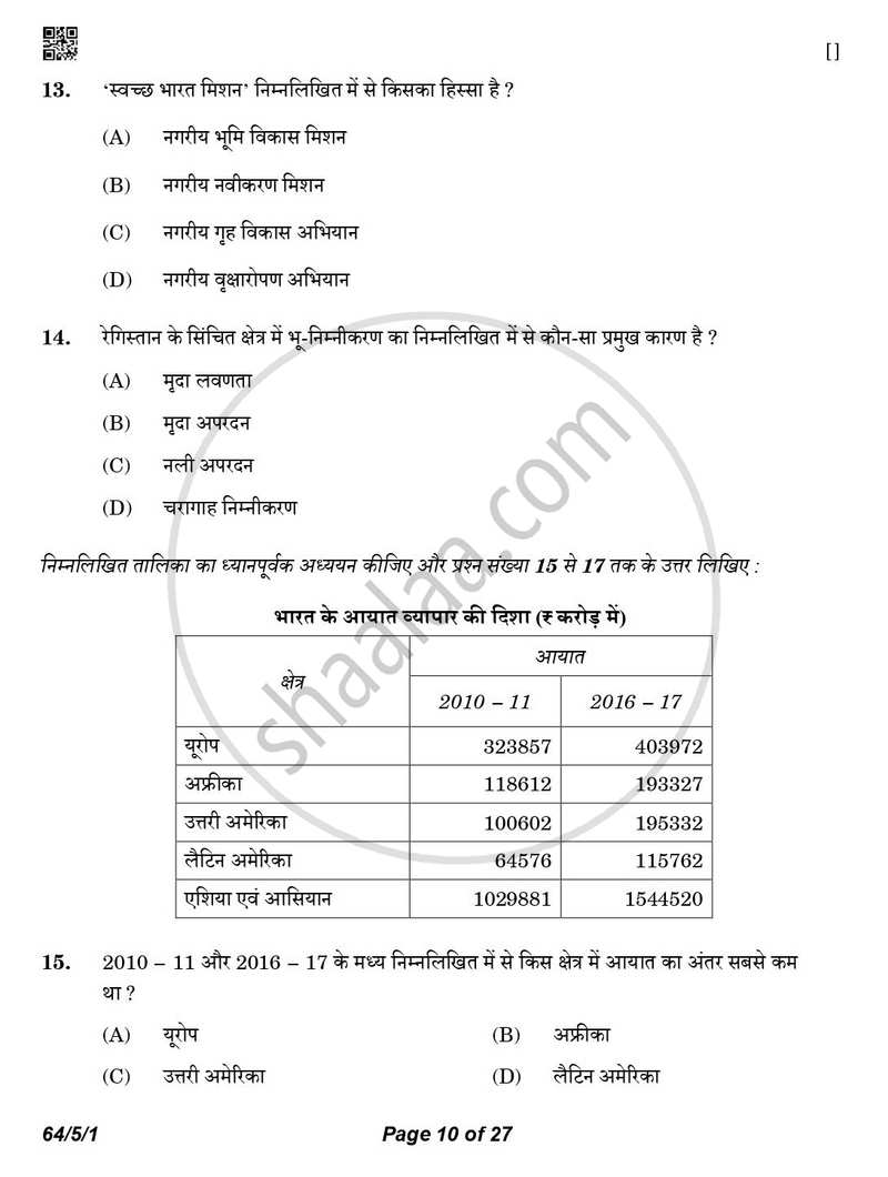Geography (भूगोल) 2025-2026 - CBSE 12th - Class 12 [कक्षा १२] - CBSE (Central Board of Secondary Education) question paper with PDF download