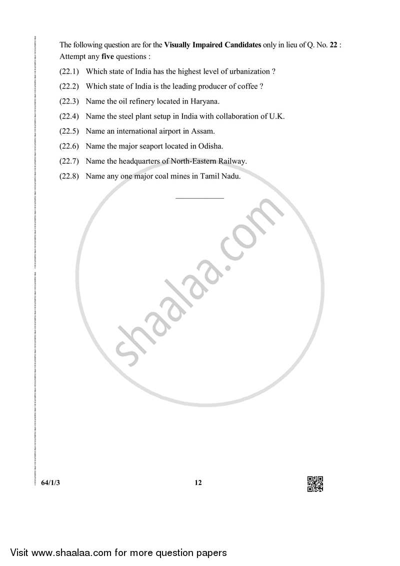 Geography 2018-2019 - CBSE 12th - Class 12 - CBSE (Central Board of Secondary Education) question paper with PDF download