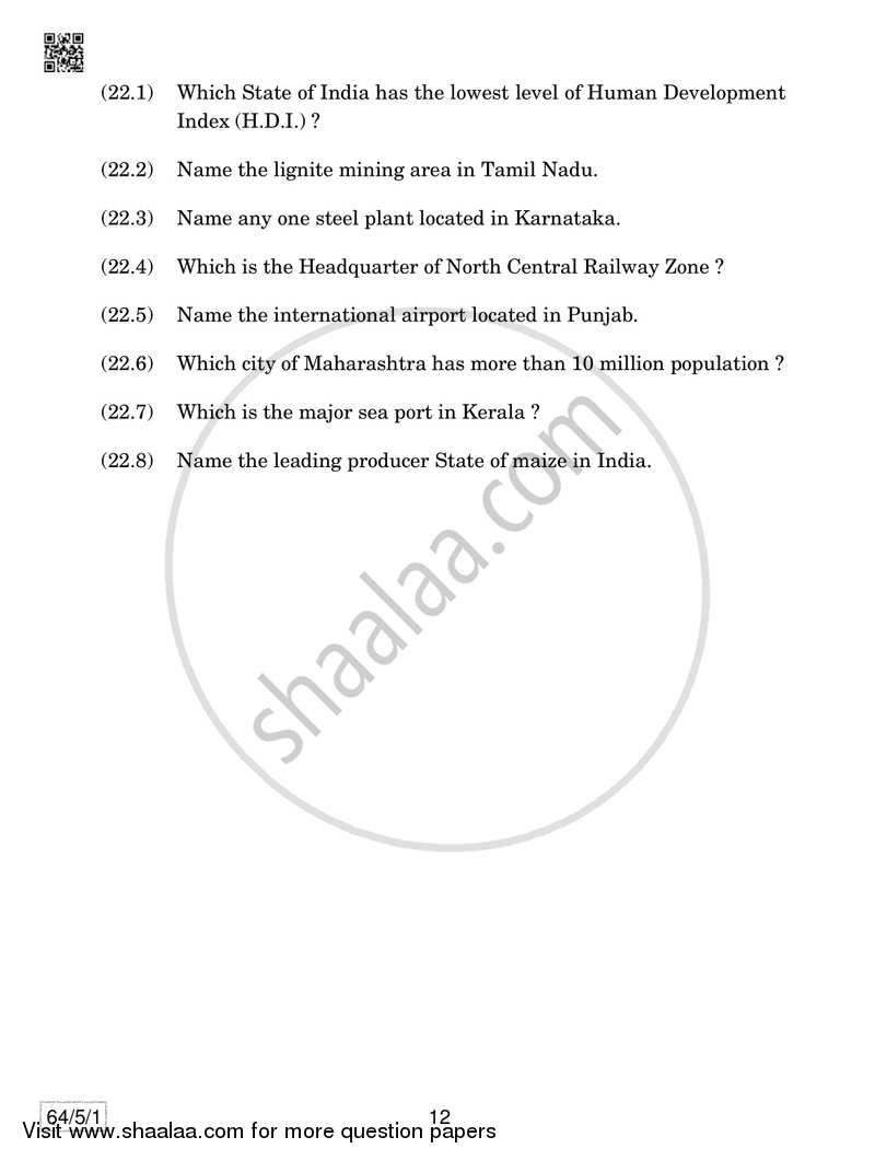 Geography 2018-2019 - CBSE 12th - Class 12 - CBSE (Central Board of Secondary Education) question paper with PDF download