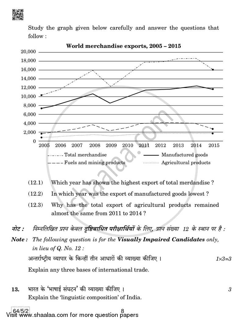 Geography 2018-2019 - CBSE 12th - Class 12 - CBSE (Central Board of Secondary Education) question paper with PDF download