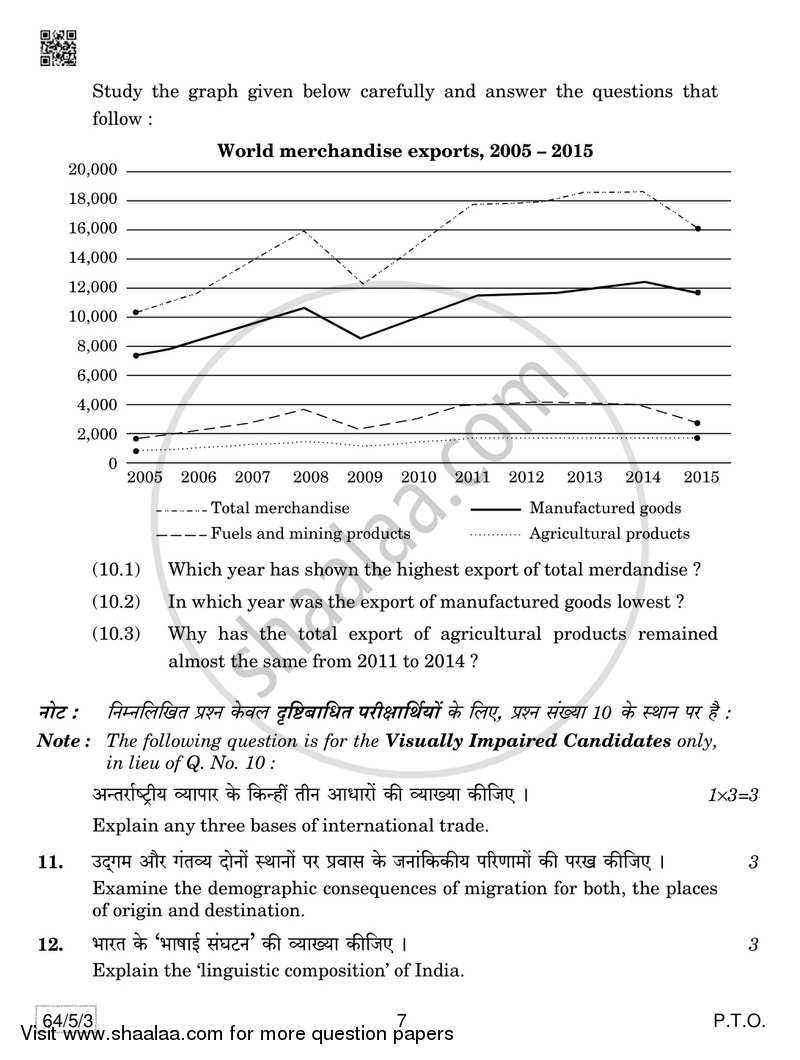 Geography 2018-2019 - CBSE 12th - Class 12 - CBSE (Central Board of Secondary Education) question paper with PDF download