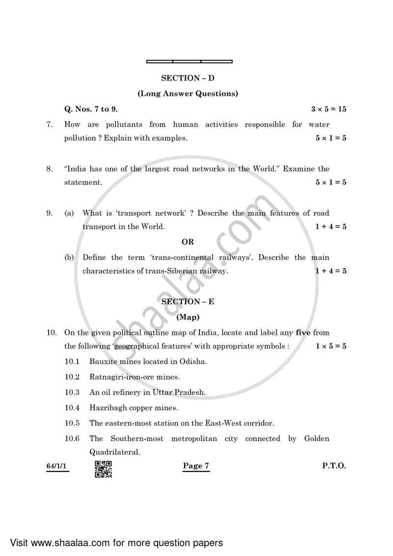 Geography 2021-2022 - CBSE 12th - Class 12 - CBSE (Central Board of Secondary Education) question paper with PDF download