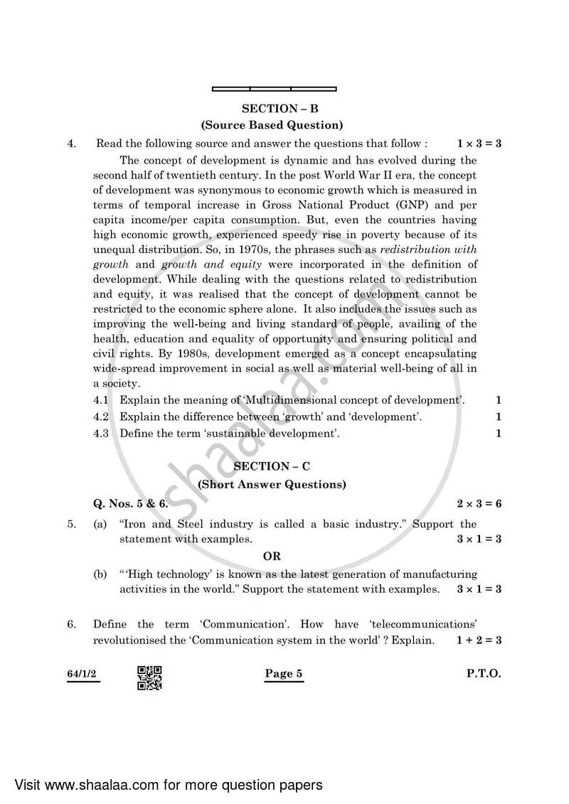 Geography 2021-2022 - CBSE 12th - Class 12 - CBSE (Central Board of Secondary Education) question paper with PDF download
