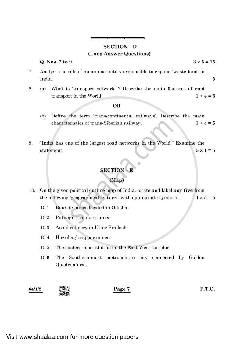 Geography 2021-2022 - CBSE 12th - Class 12 - CBSE (Central Board of Secondary Education) question paper with PDF download