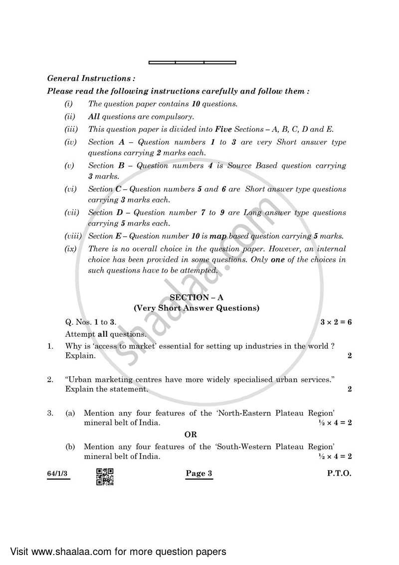 Geography 2021-2022 - CBSE 12th - Class 12 - CBSE (Central Board of Secondary Education) question paper with PDF download