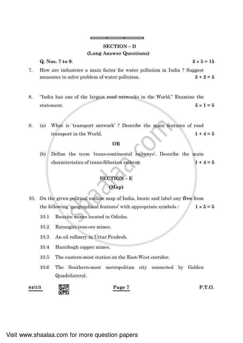Geography 2021-2022 - CBSE 12th - Class 12 - CBSE (Central Board of Secondary Education) question paper with PDF download