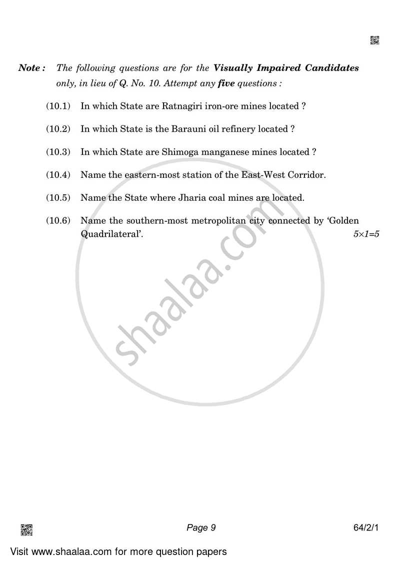 Geography 2021-2022 - CBSE 12th - Class 12 - CBSE (Central Board of Secondary Education) question paper with PDF download