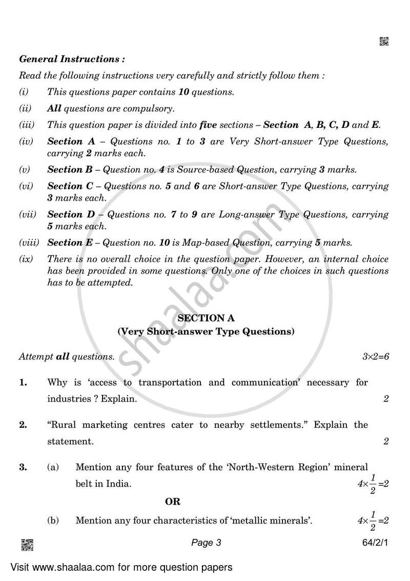 Geography 2021-2022 - CBSE 12th - Class 12 - CBSE (Central Board of Secondary Education) question paper with PDF download
