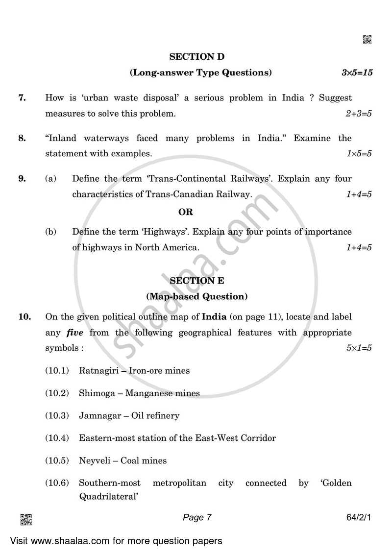 Geography 2021-2022 - CBSE 12th - Class 12 - CBSE (Central Board of Secondary Education) question paper with PDF download