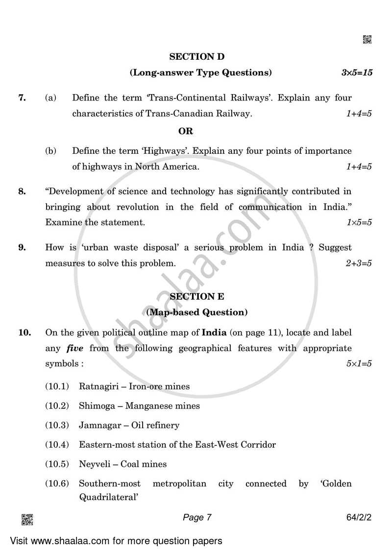 Geography 2021-2022 - CBSE 12th - Class 12 - CBSE (Central Board of Secondary Education) question paper with PDF download