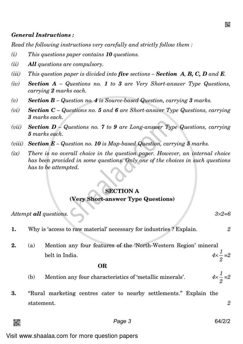 Geography 2021-2022 - CBSE 12th - Class 12 - CBSE (Central Board of Secondary Education) question paper with PDF download
