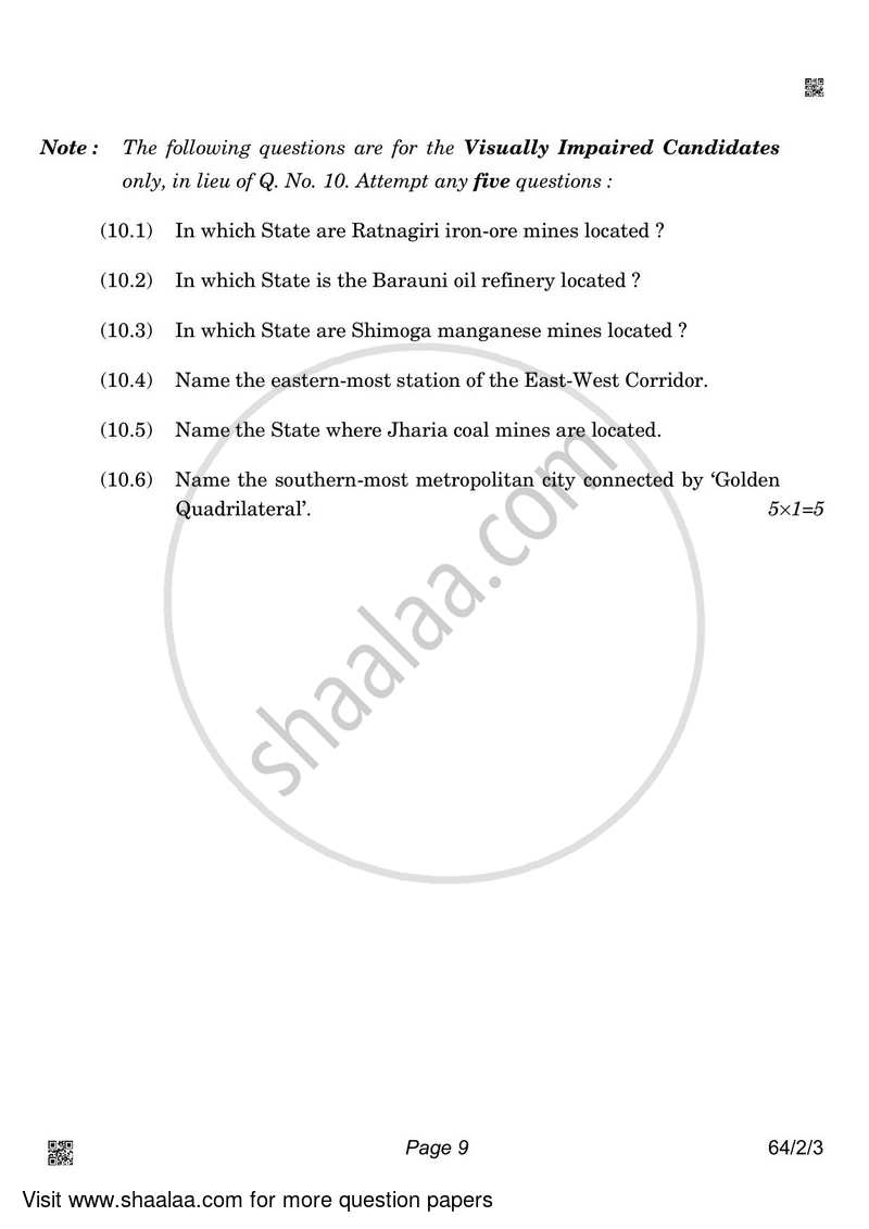 Geography 2021-2022 - CBSE 12th - Class 12 - CBSE (Central Board of Secondary Education) question paper with PDF download