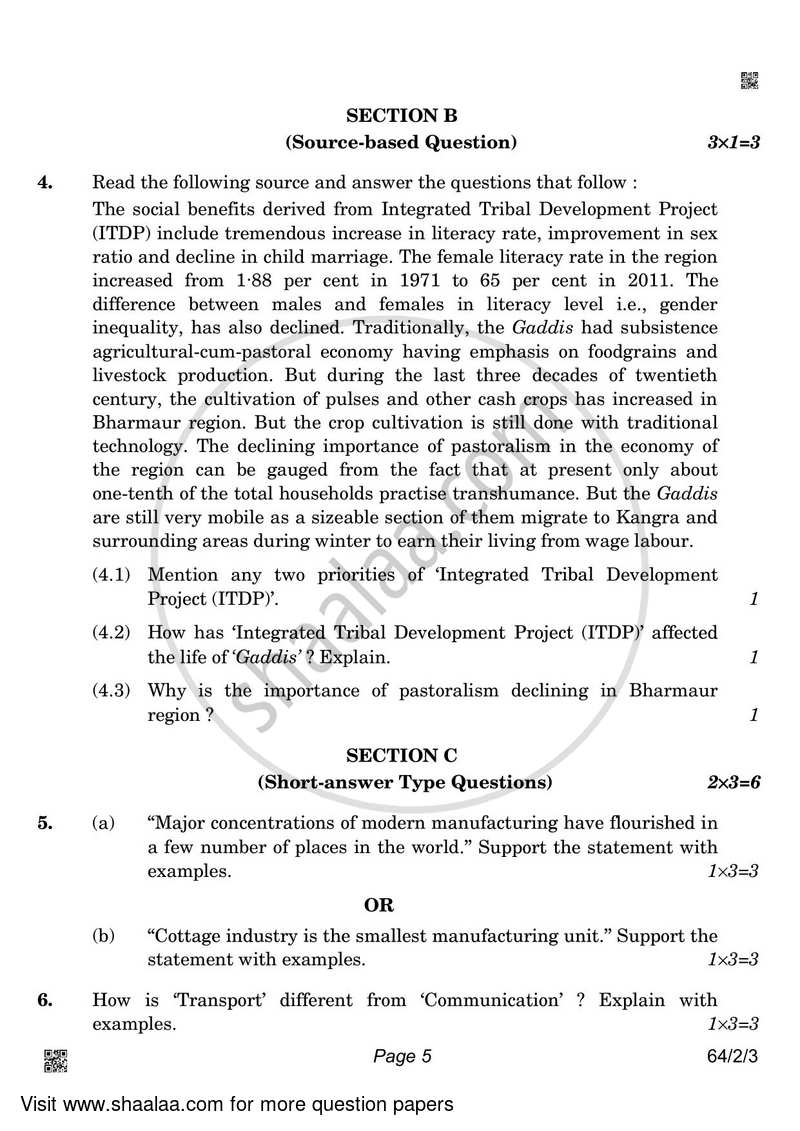 Geography 2021-2022 - CBSE 12th - Class 12 - CBSE (Central Board of Secondary Education) question paper with PDF download